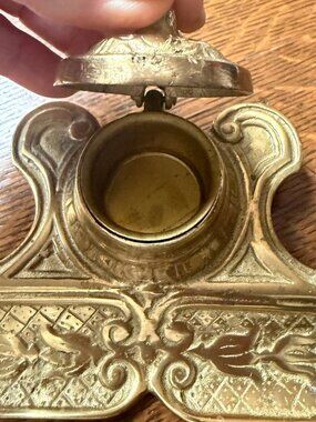 Vintage Japan Ornate Brass Desk Inkwell with Double Pen Rest